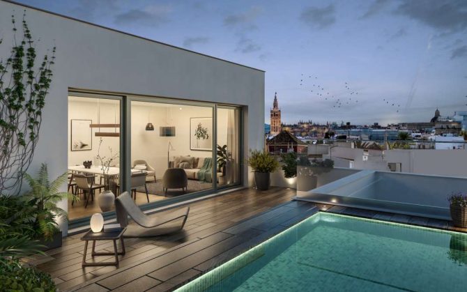 Ejemplo de cubierta de edificio de promociones exclusivas con piscinas comunitarias y privadas, áticos con terraza, jardines y zonas de ocio